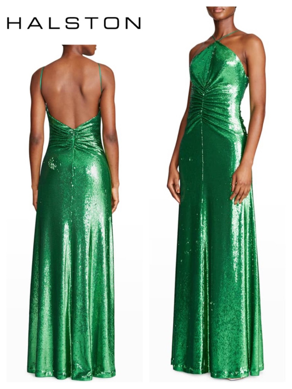 HALSTON Maya Ruched Sequin Halter Gown